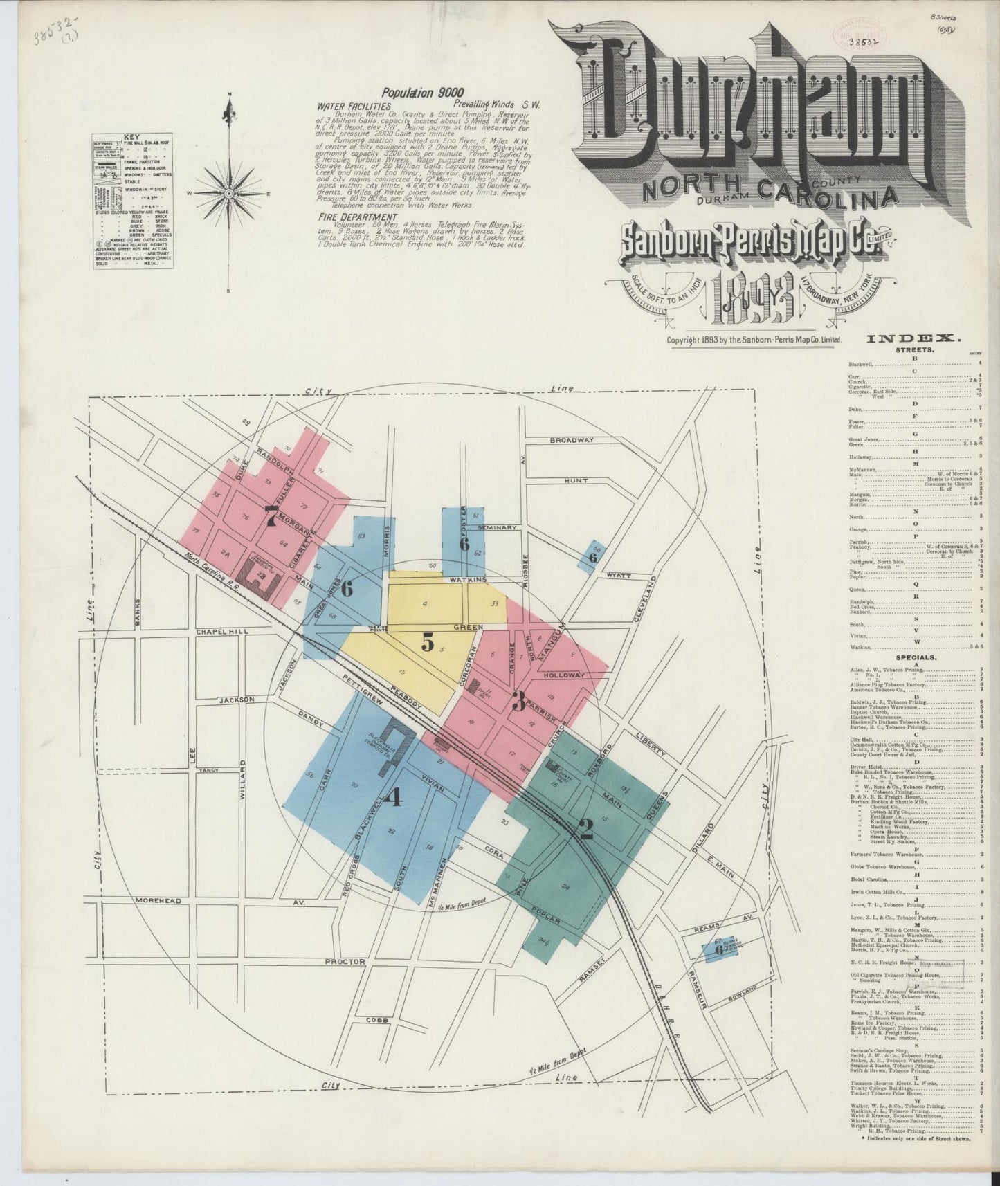 Sanborn Fire Insurance Map from Durham, Durham County, North Carolina (1893), Sheet #0001 - Historic Sanborn Fire Insurance Map Print, vintage old map wall art, antique decor, genealogy gift, North Carolina North Carolina map