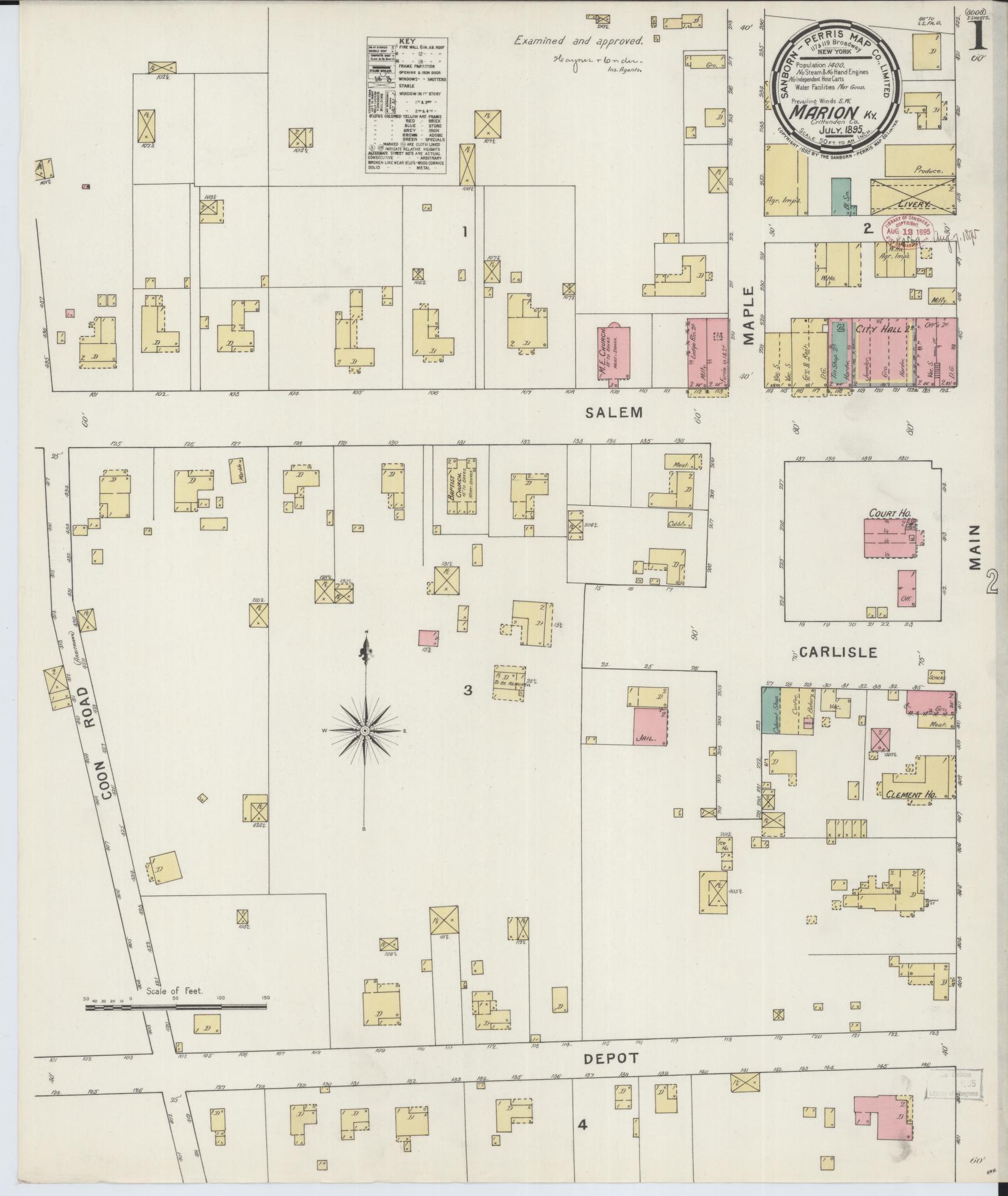Sanborn Fire Insurance Map from Marion, Crittenden County, Kentucky (1895), Sheet #0001 - Complete Map Set gallery image, historic Sanborn map, vintage wall art, Kentucky Kentucky