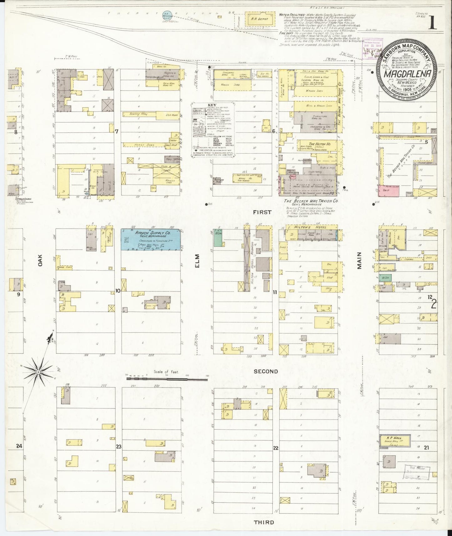 Sanborn Fire Insurance Map from Magdalena, Socorro County, New Mexico (1908), Sheet #0001 - Complete Map Set gallery image, historic Sanborn map, vintage wall art, New Mexico New Mexico