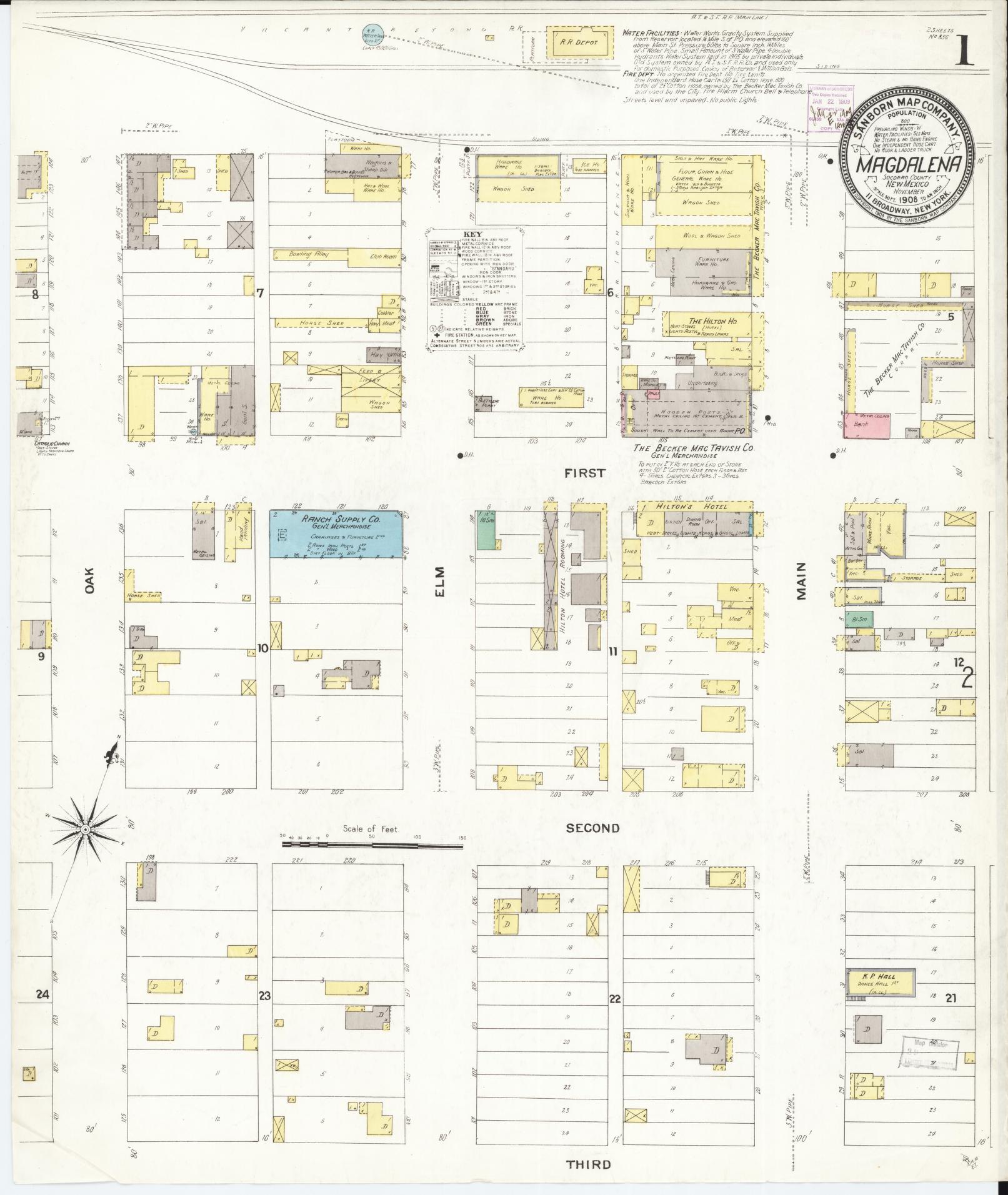 Sanborn Fire Insurance Map from Magdalena, Socorro County, New Mexico (1908), Sheet #0001 - Complete Map Set gallery image, historic Sanborn map, vintage wall art, New Mexico New Mexico