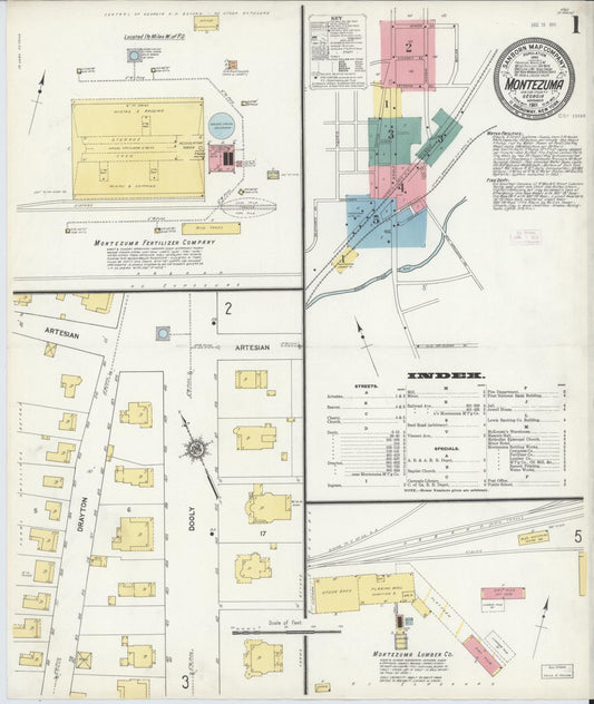 Sanborn Fire Insurance Map from Montezuma, Macon County, Georgia (1911), Sheet #0001 - Historic Sanborn Fire Insurance Map Print, vintage old map wall art, antique decor, genealogy gift, Georgia Georgia map