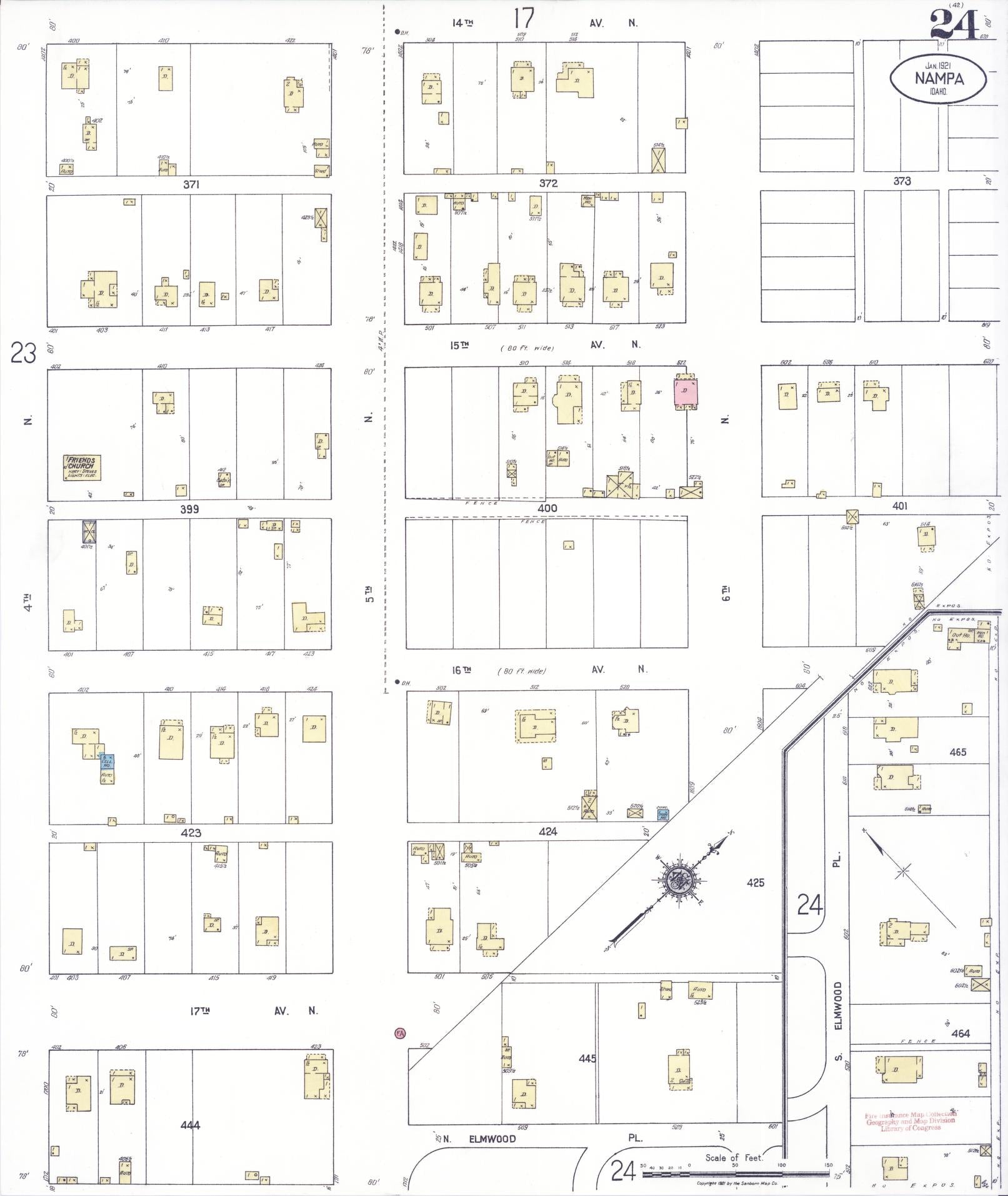 Sanborn Fire Insurance Map from Nampa, Canyon County, Idaho (1921), Sheet #0024 - Historic Sanborn Fire Insurance Map Print, vintage old map wall art, antique decor, genealogy gift, Idaho Idaho map