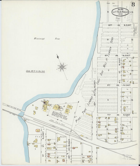 Sanborn Fire Insurance Map from Little Falls, Morrison County, Minnesota (1895), Sheet #0008 - Historic Sanborn Fire Insurance Map Print, vintage old map wall art, antique decor, genealogy gift, Minnesota Minnesota map