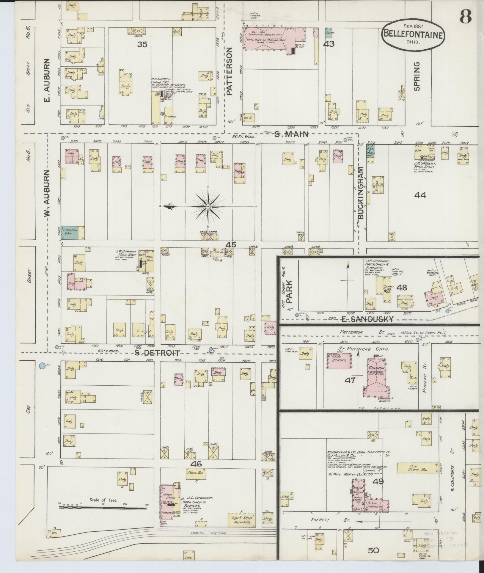 Sanborn Fire Insurance Map from Bellefontaine, Logan County, Ohio (1887), Sheet #0008 - Historic Sanborn Fire Insurance Map Print, vintage old map wall art, antique decor, genealogy gift, Ohio Ohio map
