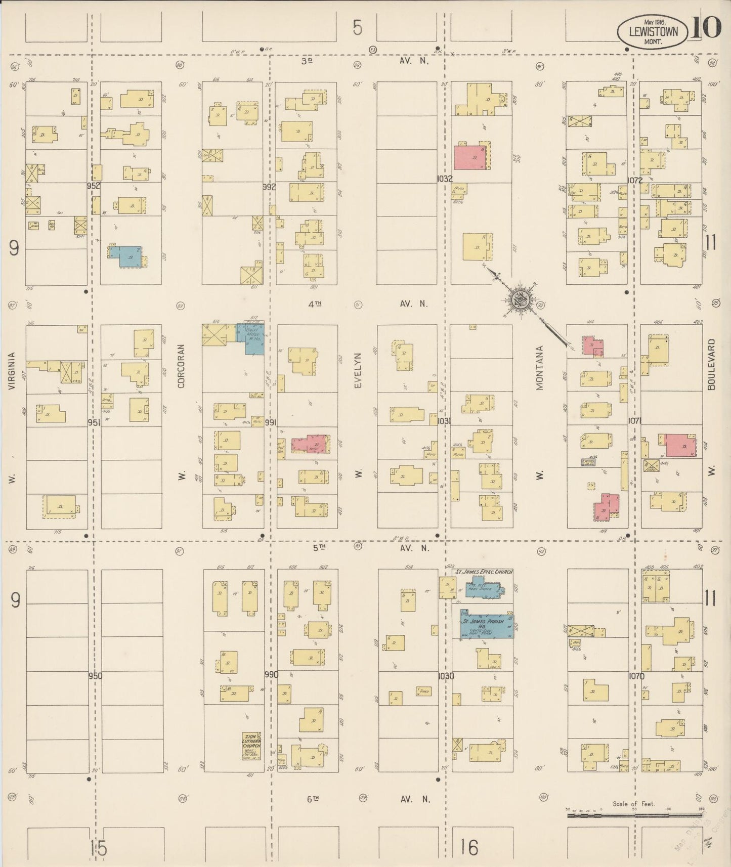 Sanborn Fire Insurance Map from Lewistown, Fergus County, Montana (1916), Sheet #0010 - Historic Sanborn Fire Insurance Map Print, vintage old map wall art, antique decor, genealogy gift, Montana Montana map