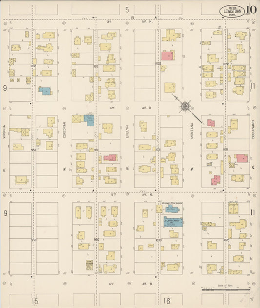 Sanborn Fire Insurance Map from Lewistown, Fergus County, Montana (1916), Sheet #0010 - Historic Sanborn Fire Insurance Map Print, vintage old map wall art, antique decor, genealogy gift, Montana Montana map