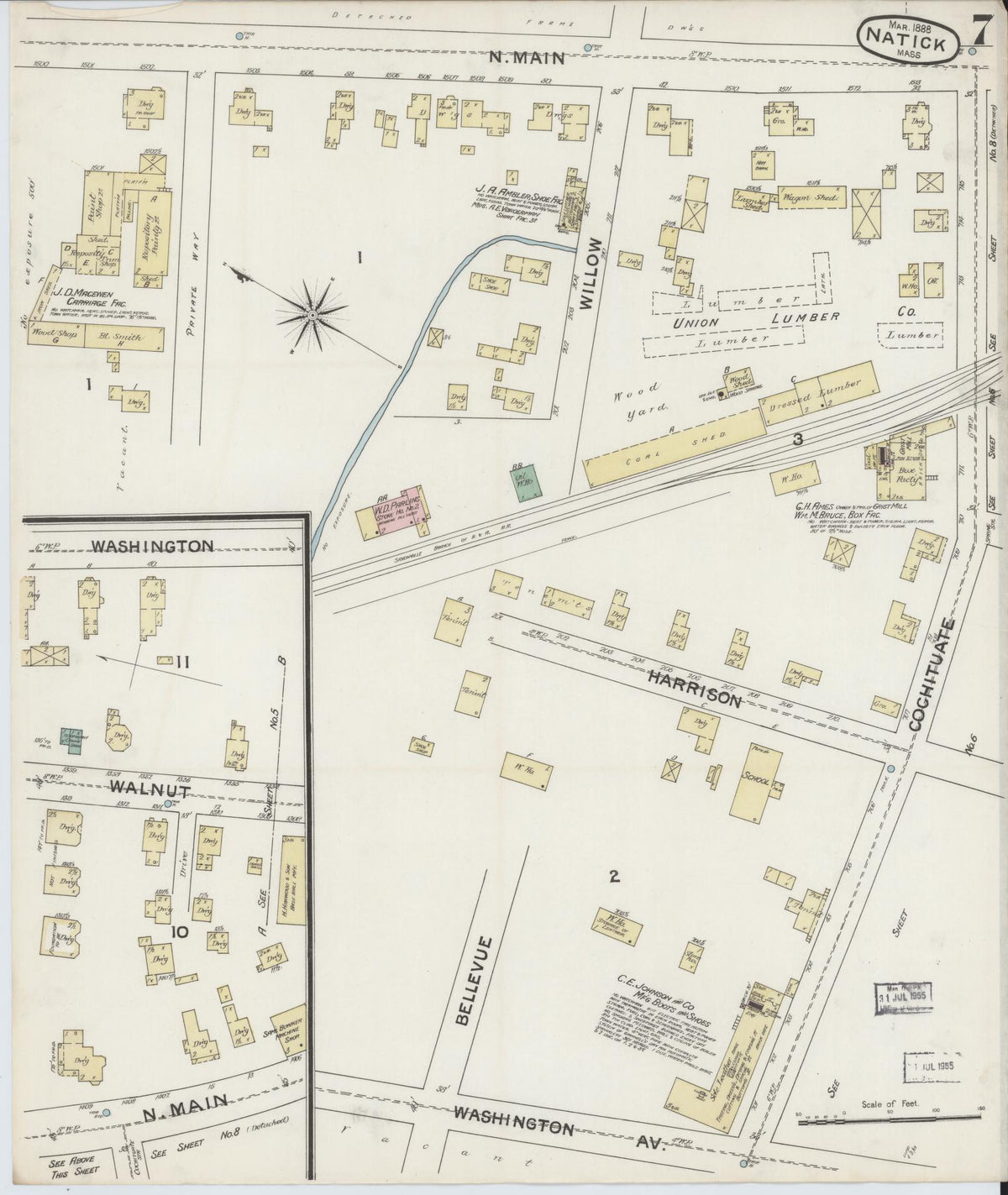 Sanborn Fire Insurance Map from Natick, Middlesex County, Massachusetts (1888), Sheet #0007 - Historic Sanborn Fire Insurance Map Print, vintage old map wall art, antique decor, genealogy gift, Massachusetts Massachusetts map