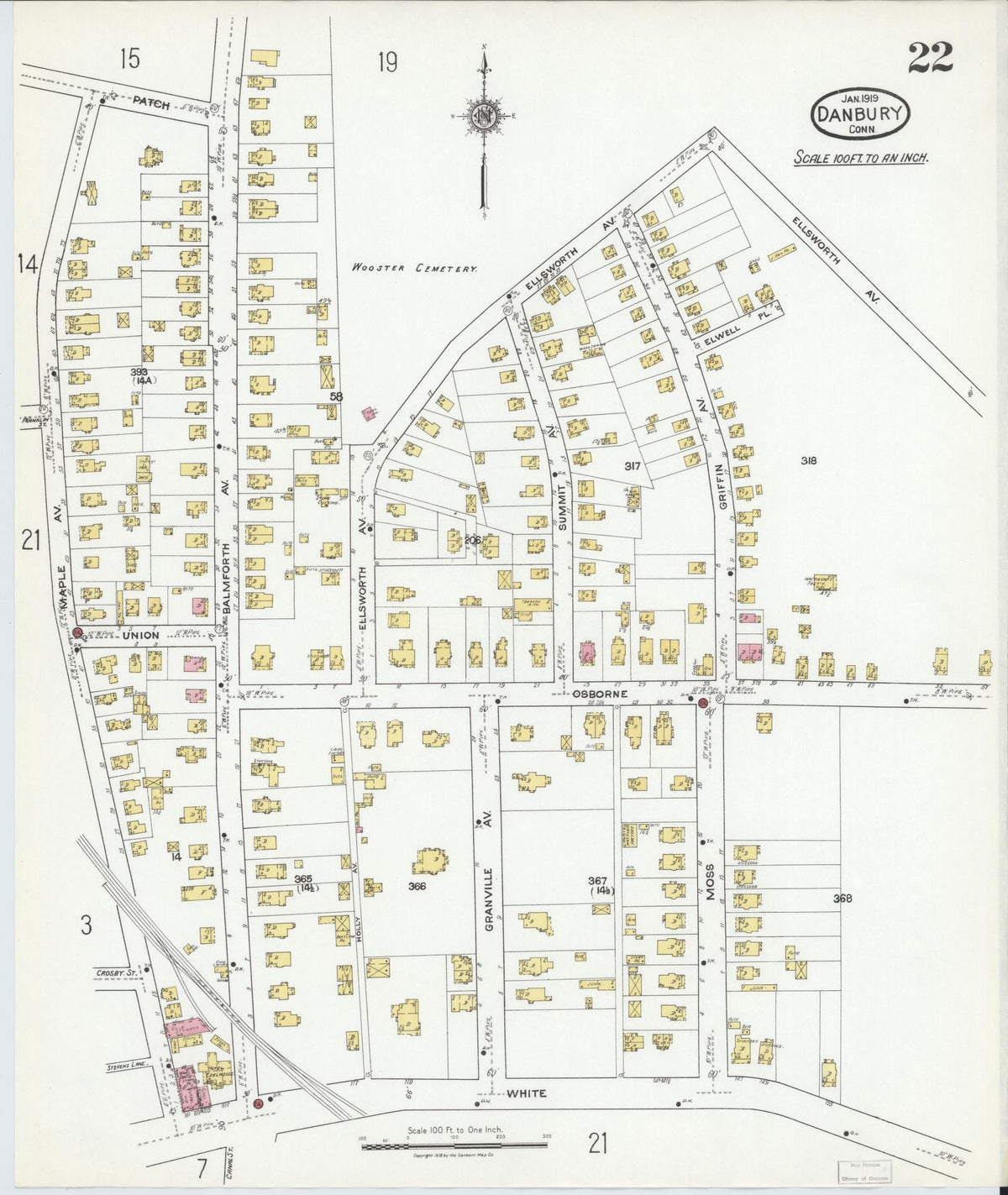 Sanborn Fire Insurance Map from Danbury, Fairfield County, Connecticut (1919), Sheet #0022 - Historic Sanborn Fire Insurance Map Print, vintage old map wall art, antique decor, genealogy gift, Connecticut Connecticut map