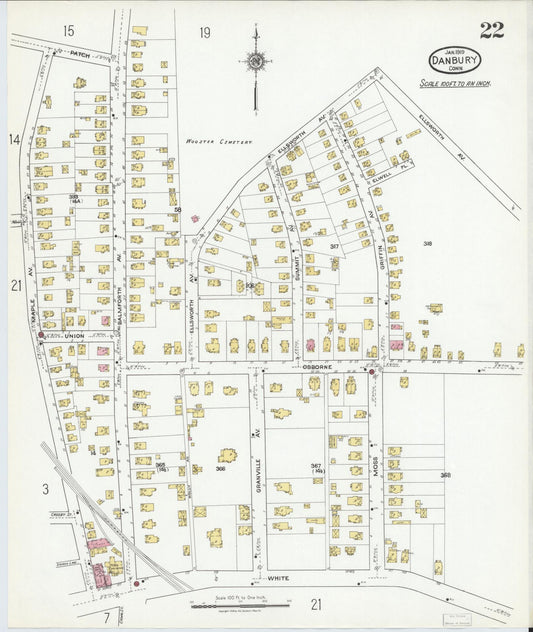Sanborn Fire Insurance Map from Danbury, Fairfield County, Connecticut (1919), Sheet #0022 - Historic Sanborn Fire Insurance Map Print, vintage old map wall art, antique decor, genealogy gift, Connecticut Connecticut map