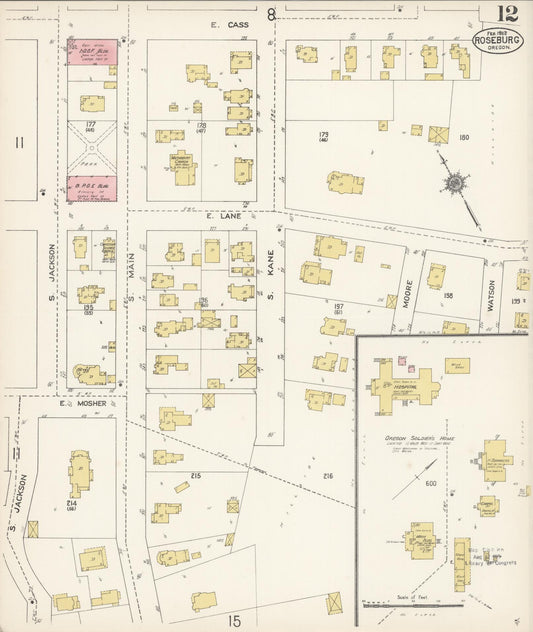 Sanborn Fire Insurance Map from Roseburg, Douglas County, Oregon (1912), Sheet #0012 - Historic Sanborn Fire Insurance Map Print, vintage old map wall art, antique decor, genealogy gift, Oregon Oregon map