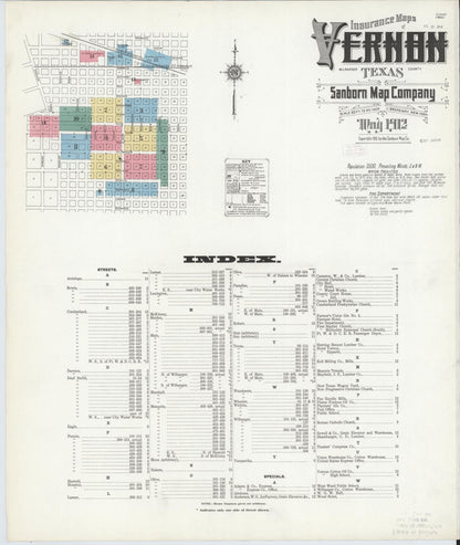 Sanborn Fire Insurance Map from Vernon, Wilbarger County, Texas (1912), Sheet #0001 - Complete Map Set gallery image, historic Sanborn map, vintage wall art, Texas Texas