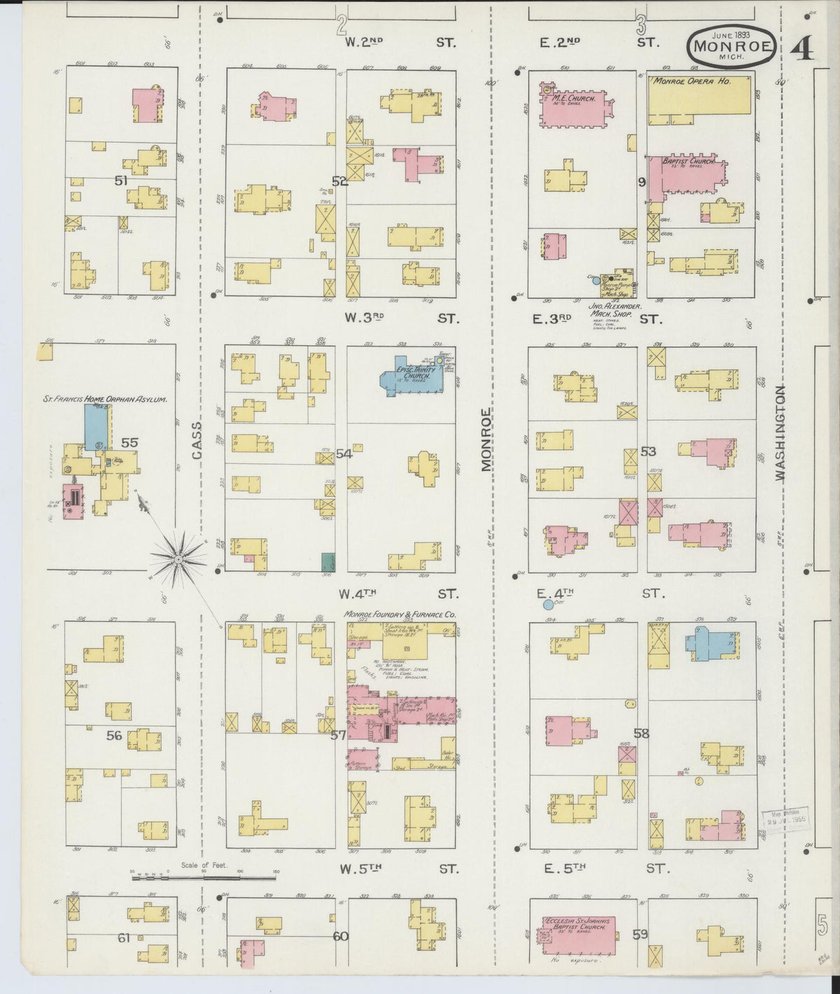 Sanborn Fire Insurance Map from Monroe, Monroe County, Michigan (1893), Sheet #0004 - Historic Sanborn Fire Insurance Map Print, vintage old map wall art, antique decor, genealogy gift, Michigan Michigan map