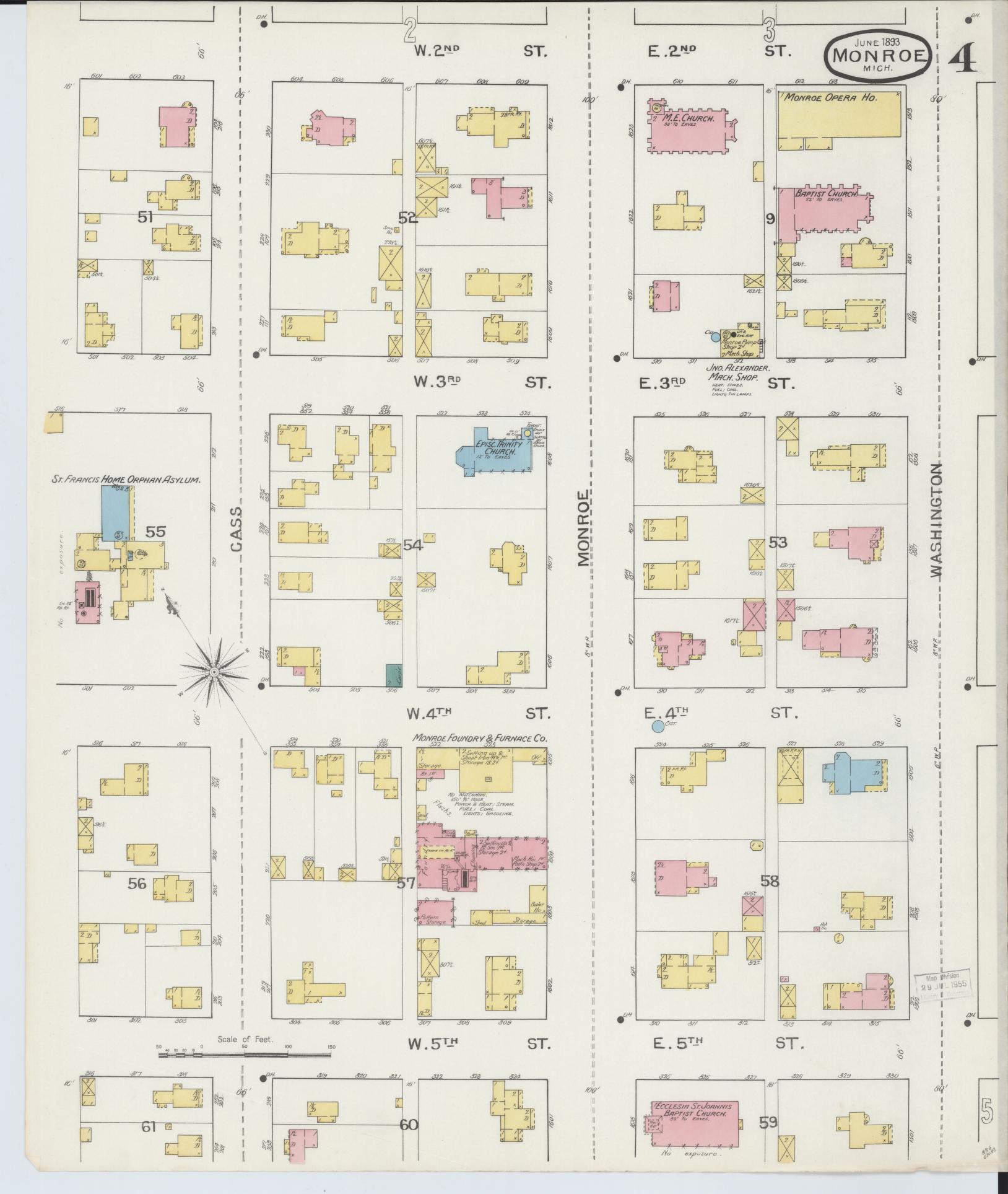 Sanborn Fire Insurance Map from Monroe, Monroe County, Michigan (1893), Sheet #0004 - Historic Sanborn Fire Insurance Map Print, vintage old map wall art, antique decor, genealogy gift, Michigan Michigan map