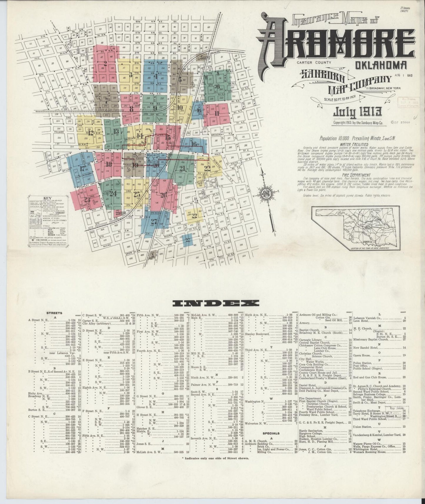 Sanborn Fire Insurance Map from Ardmore, Carter County, Oklahoma (1913), Sheet #0001 - Historic Sanborn Fire Insurance Map Print, vintage old map wall art, antique decor, genealogy gift, Oklahoma Oklahoma map
