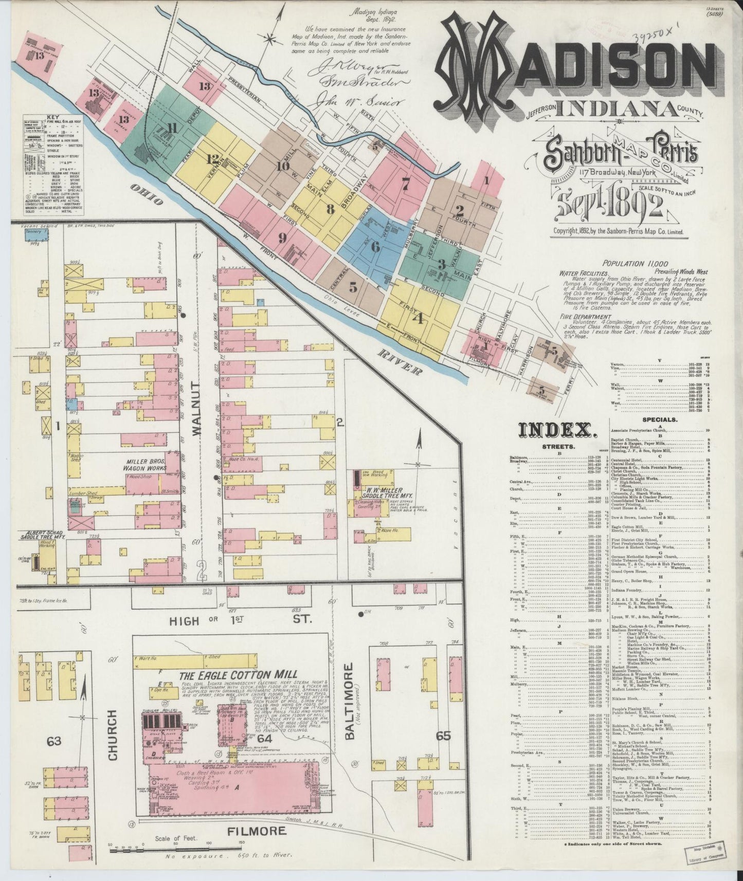 Sanborn Fire Insurance Map from Madison, Jefferson County, Indiana (1892), Sheet #0001 - Historic Sanborn Fire Insurance Map Print, vintage old map wall art, antique decor, genealogy gift, Indiana Indiana map