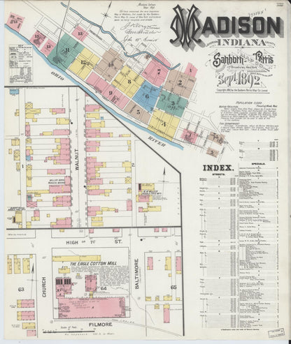 Sanborn Fire Insurance Map from Madison, Jefferson County, Indiana (1892), Sheet #0001 - Historic Sanborn Fire Insurance Map Print, vintage old map wall art, antique decor, genealogy gift, Indiana Indiana map