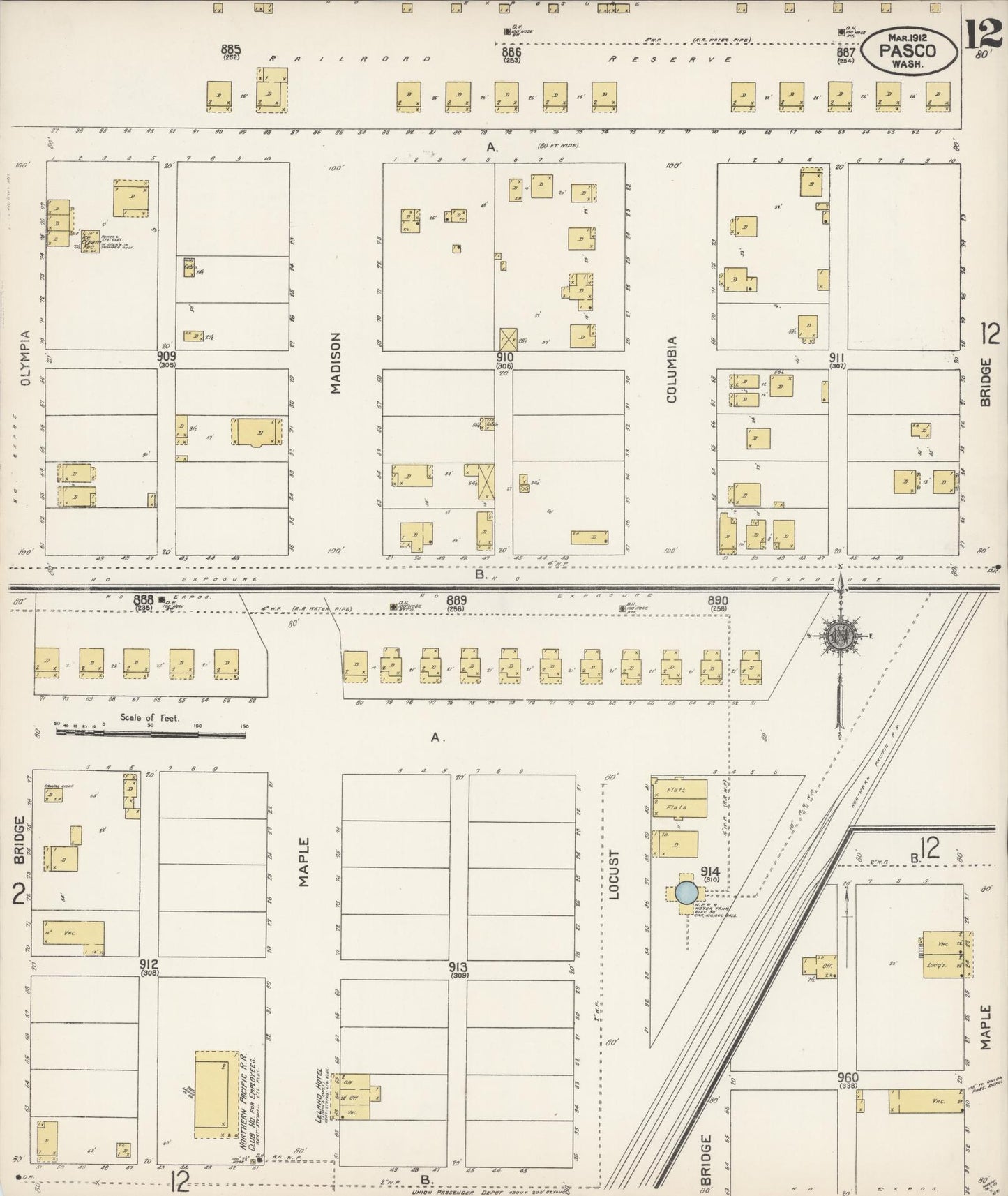 Sanborn Fire Insurance Map from Pasco, Franklin County, Washington (1912), Sheet #0012 - Complete Map Set gallery image, historic Sanborn map, vintage wall art, Washington Washington