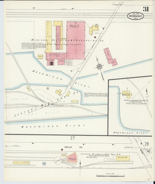 Sanborn Fire Insurance Map from Menominee, Menominee County, Michigan (1913), Sheet #0031 - Historic Sanborn Fire Insurance Map Print, vintage old map wall art, antique decor, genealogy gift, Michigan Michigan map
