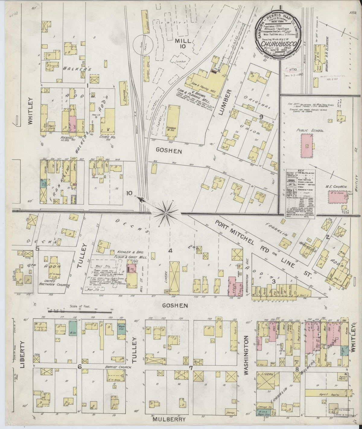 Sanborn Fire Insurance Map from Churubusco, Whitley County, Indiana (1892), Sheet #0001 - Historic Sanborn Fire Insurance Map Print, vintage old map wall art, antique decor, genealogy gift, Indiana Indiana map