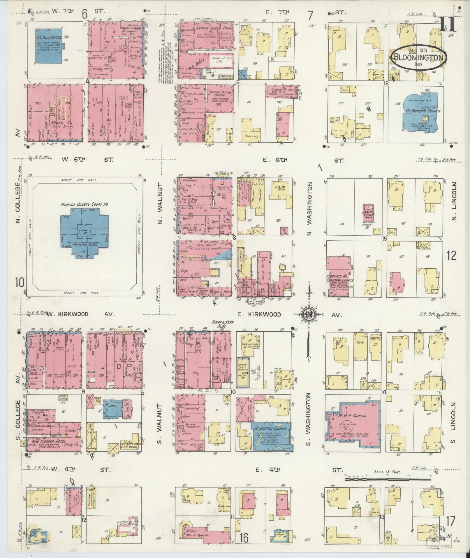 Sanborn Fire Insurance Map from Bloomington, Monroe County, Indiana (1913), Sheet #0011 - Historic Sanborn Fire Insurance Map Print, vintage old map wall art, antique decor, genealogy gift, Indiana Indiana map