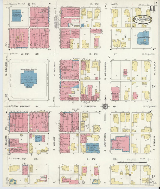 Sanborn Fire Insurance Map from Bloomington, Monroe County, Indiana (1913), Sheet #0011 - Historic Sanborn Fire Insurance Map Print, vintage old map wall art, antique decor, genealogy gift, Indiana Indiana map