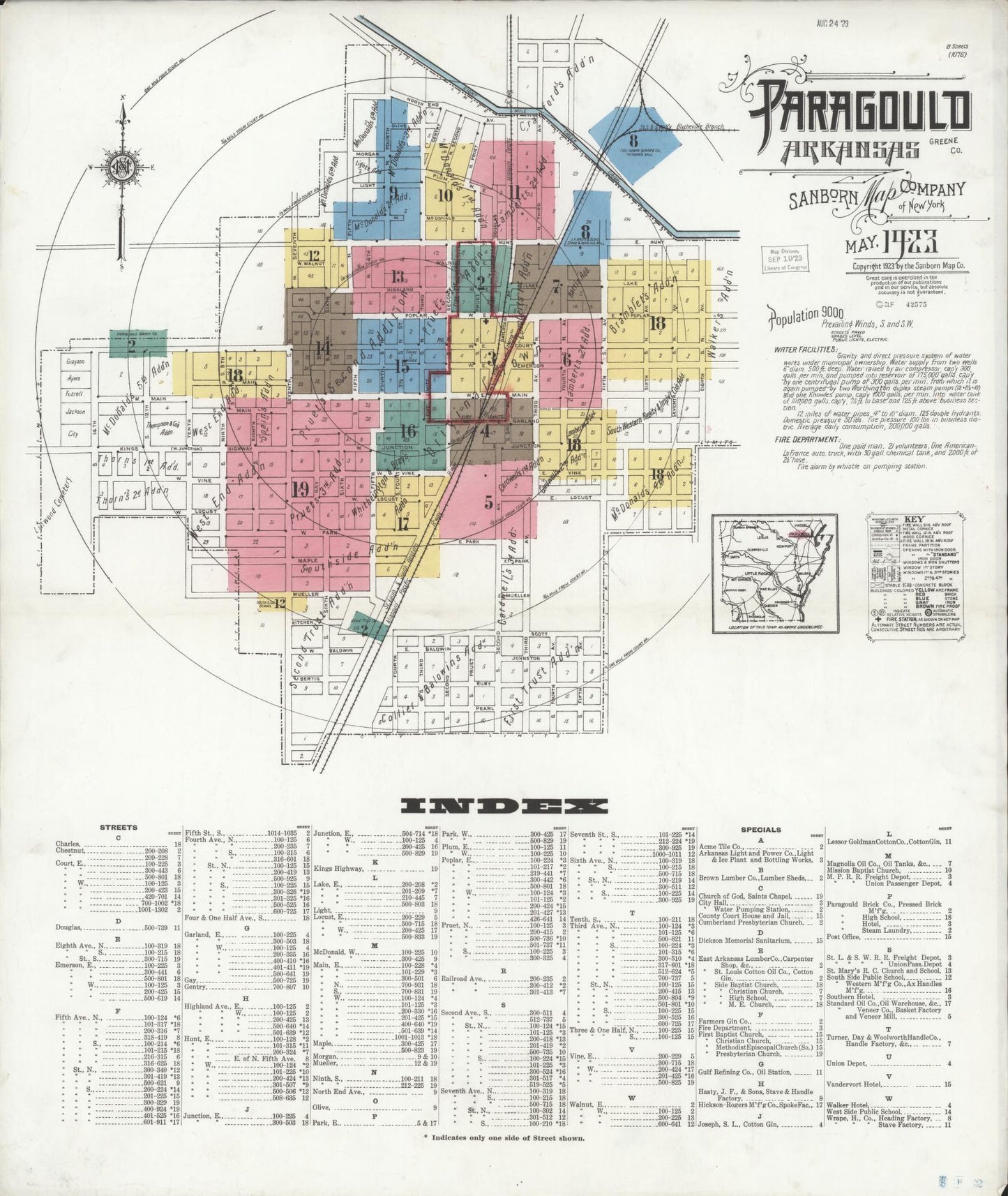 Sanborn Fire Insurance Map from Paragould, Greene County, Arkansas (1923), Sheet #0001 - Complete Map Set gallery image, historic Sanborn map, vintage wall art, Arkansas Arkansas