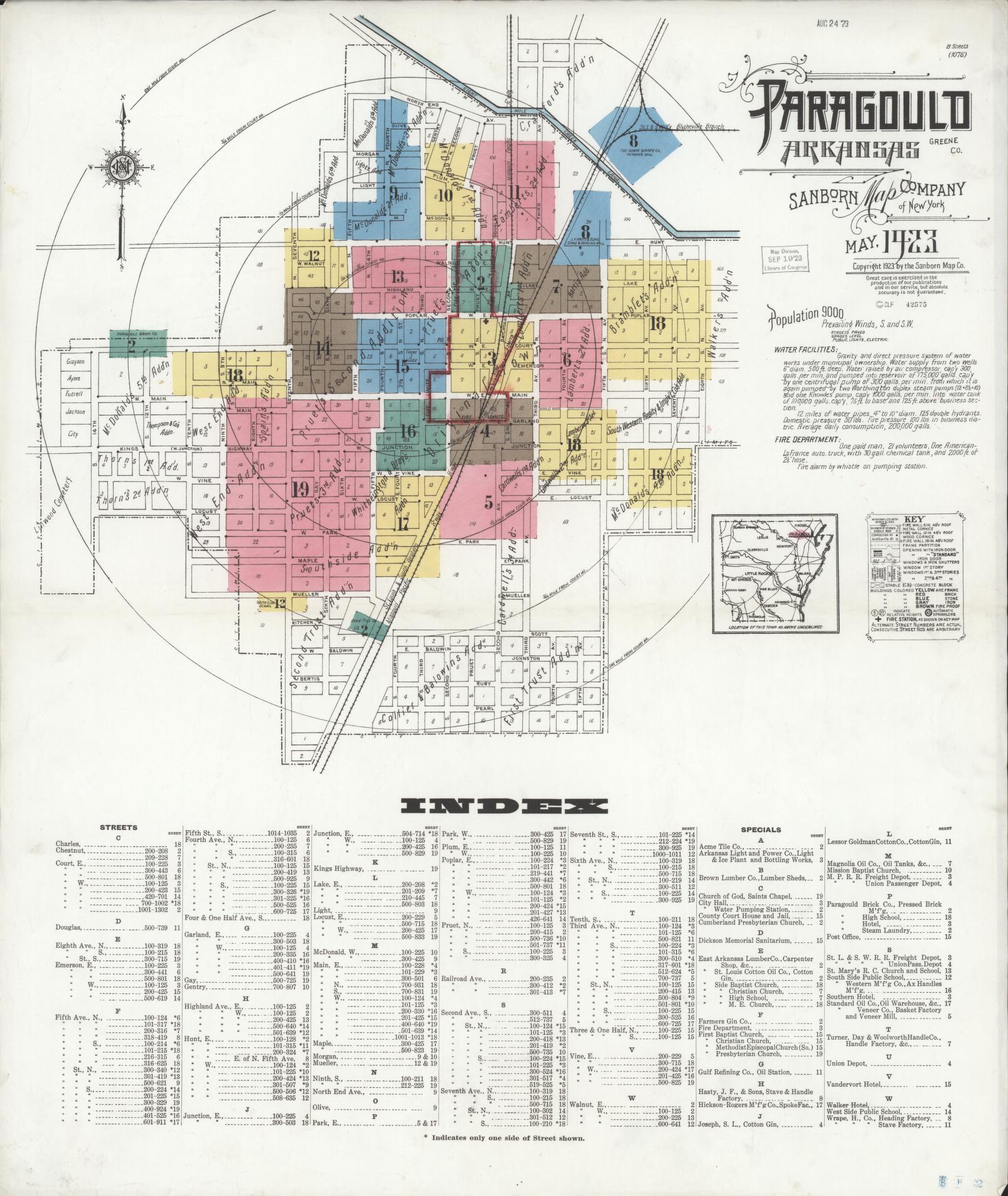 Sanborn Fire Insurance Map from Paragould, Greene County, Arkansas (1923), Sheet #0001 - Complete Map Set gallery image, historic Sanborn map, vintage wall art, Arkansas Arkansas