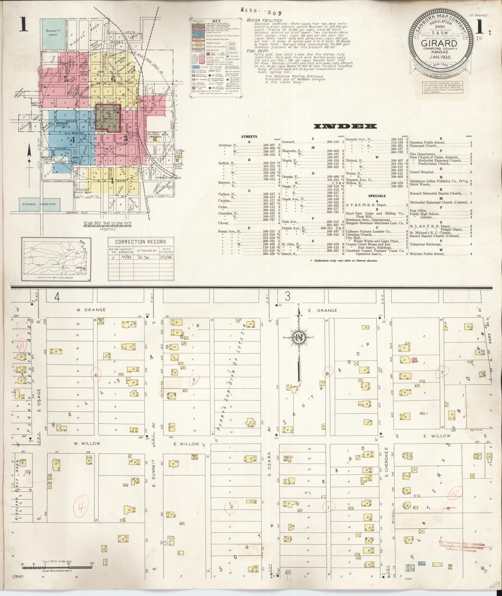 Sanborn Fire Insurance Map from Girard, Crawford County, Kansas (1943), Sheet #0001 - Historic Sanborn Fire Insurance Map Print, vintage old map wall art, antique decor, genealogy gift, Kansas Kansas map