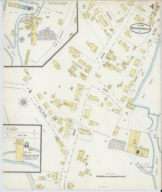 Sanborn Fire Insurance Map from Pascoag, Providence County, Rhode Island (1896), Sheet #0004 - Historic Sanborn Fire Insurance Map Print, vintage old map wall art, antique decor, genealogy gift, Rhode Island Rhode Island map