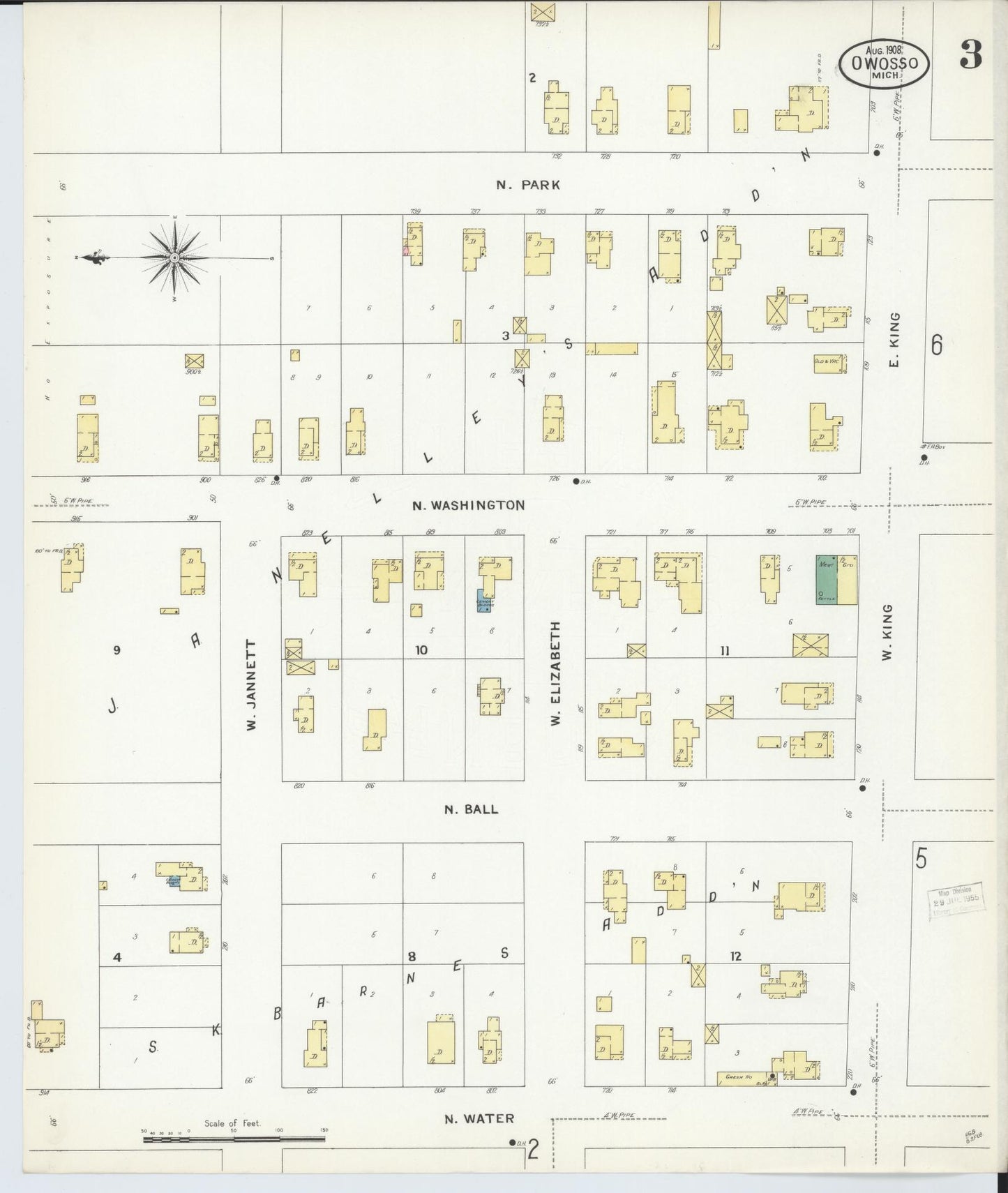 Sanborn Fire Insurance Map from Owosso, Shiawassee County, Michigan (1908), Sheet #0003 - Complete Map Set gallery image, historic Sanborn map, vintage wall art, Michigan Michigan