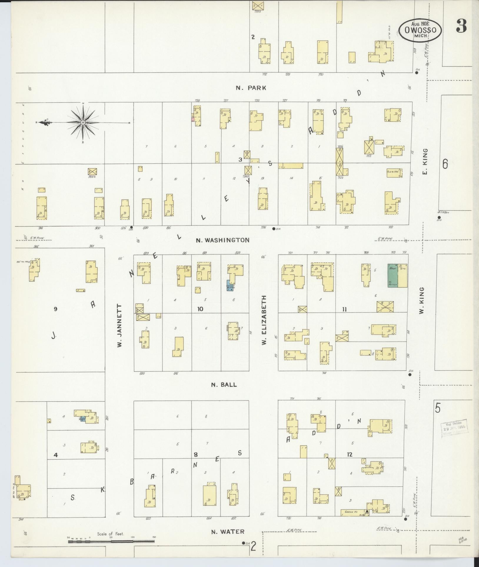 Sanborn Fire Insurance Map from Owosso, Shiawassee County, Michigan (1908), Sheet #0003 - Complete Map Set gallery image, historic Sanborn map, vintage wall art, Michigan Michigan