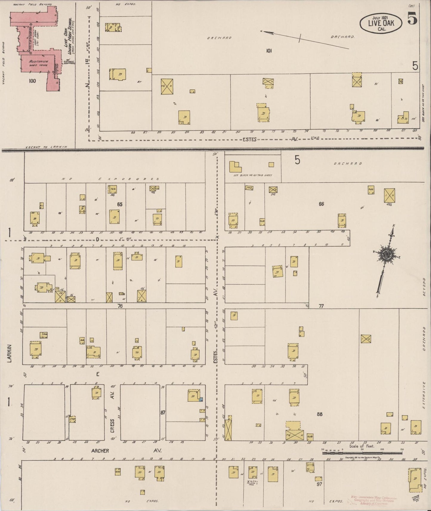 Sanborn Fire Insurance Map from Live Oak, Sutter County, California (1921), Sheet #0005 - Complete Map Set gallery image, historic Sanborn map, vintage wall art, California California