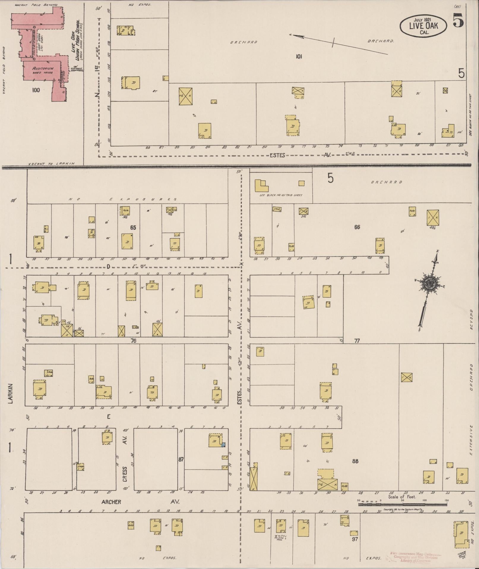Sanborn Fire Insurance Map from Live Oak, Sutter County, California (1921), Sheet #0005 - Complete Map Set gallery image, historic Sanborn map, vintage wall art, California California