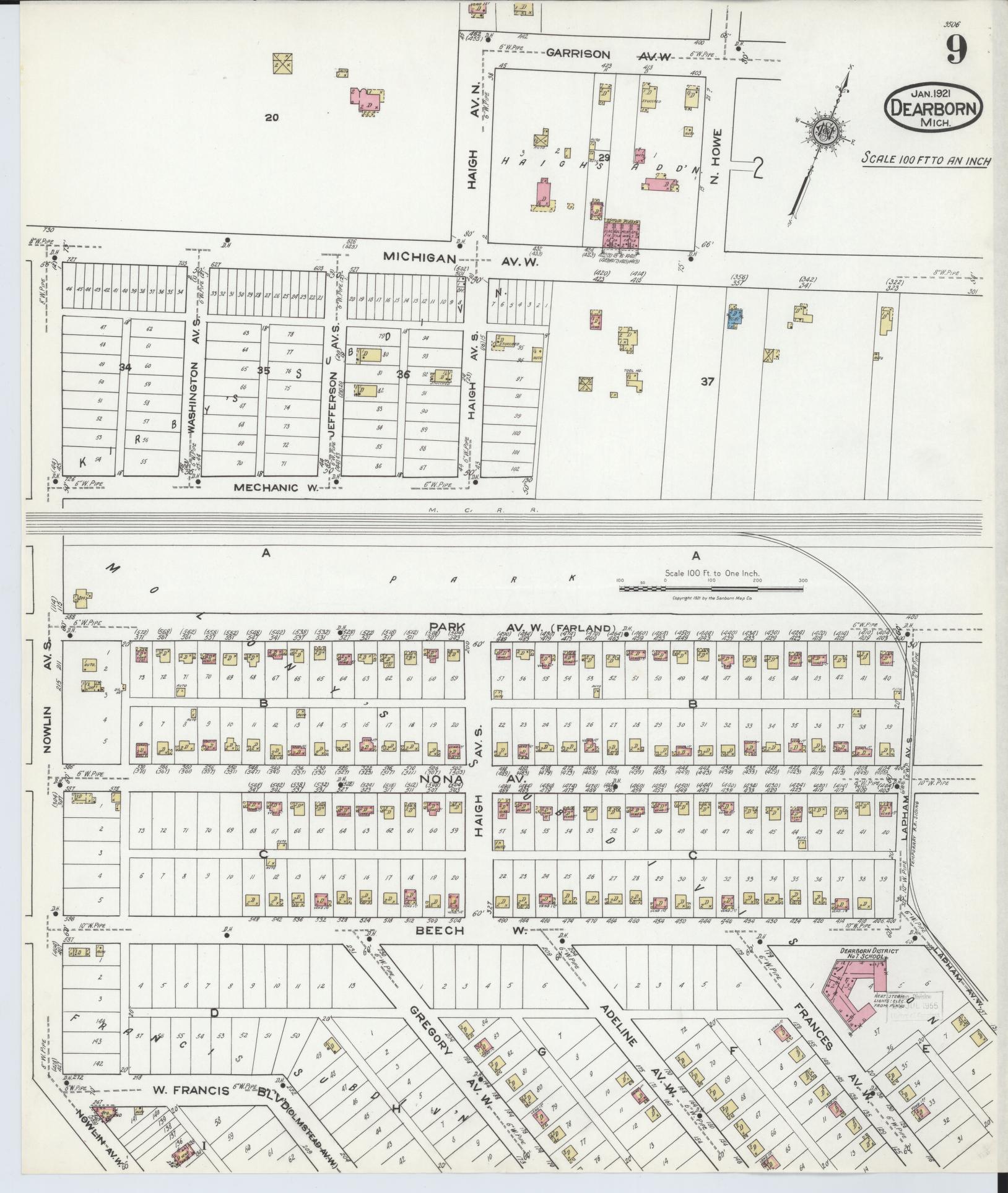 Sanborn Fire Insurance Map from Dearborn, Wayne County, Michigan (1921), Sheet #0009 - Historic Sanborn Fire Insurance Map Print, vintage old map wall art, antique decor, genealogy gift, Michigan Michigan map