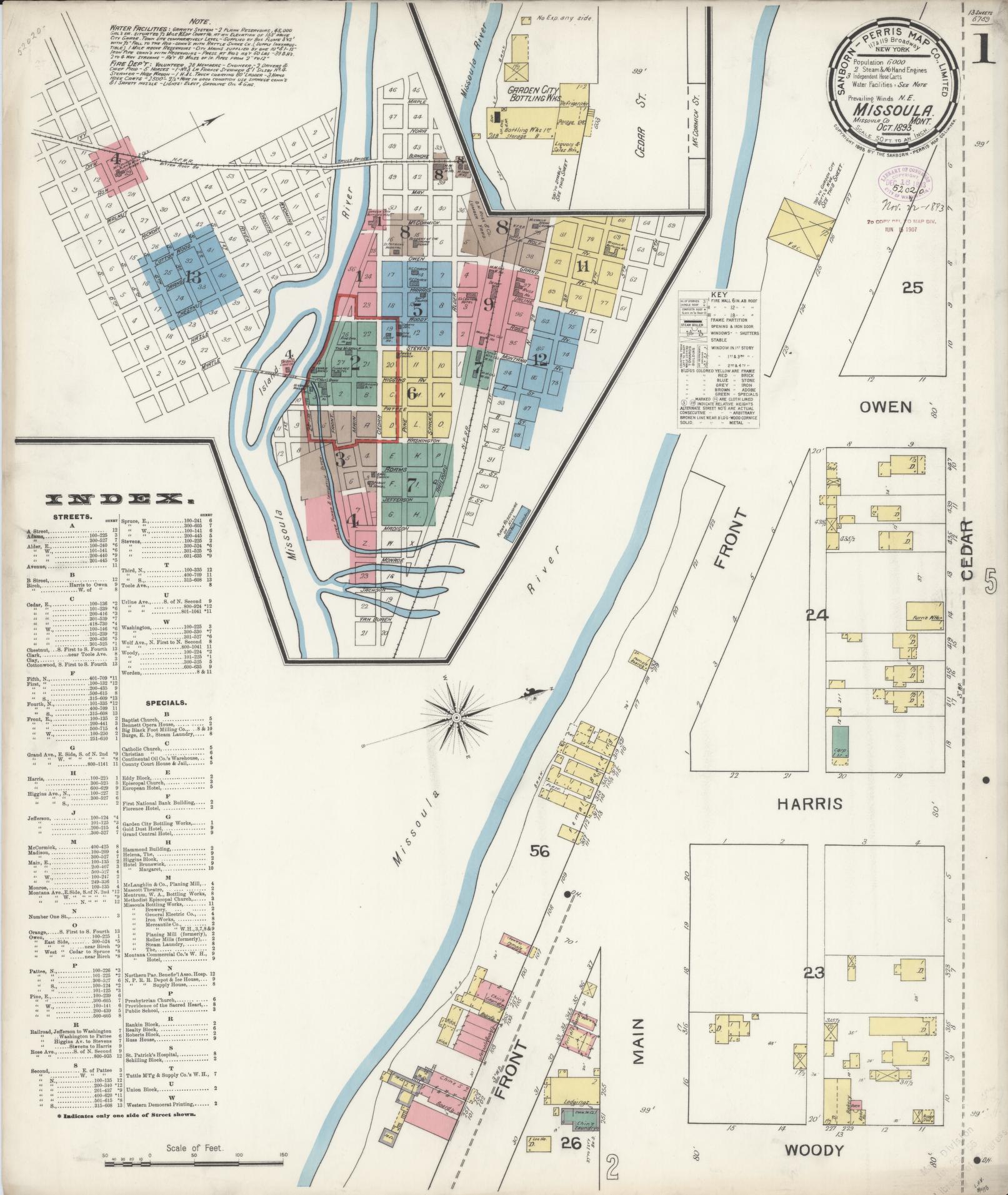 Sanborn Fire Insurance Map from Missoula, Missoula County, Montana (1893), Sheet #0001 - Historic Sanborn Fire Insurance Map Print, vintage old map wall art, antique decor, genealogy gift, Montana Montana map