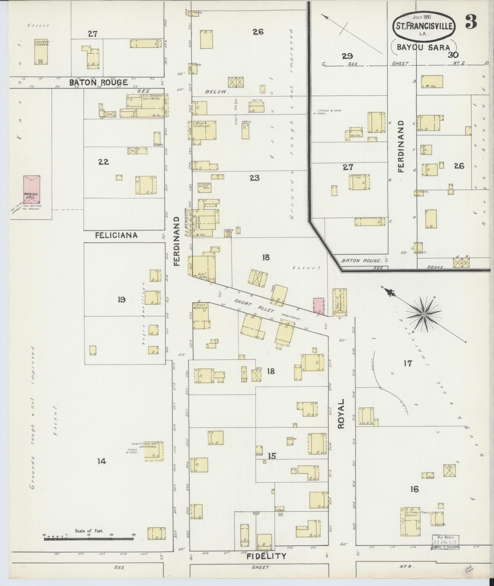 Sanborn Fire Insurance Map from Bayou Sara, West Feliciana Parish, Louisiana (1891), Sheet #0003 - Historic Sanborn Fire Insurance Map Print, vintage old map wall art, antique decor, genealogy gift, Louisiana Louisiana map