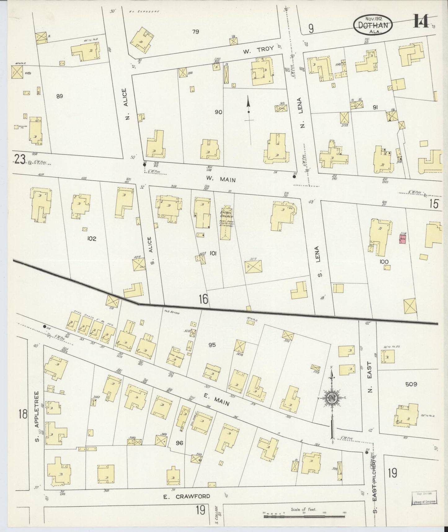 Sanborn Fire Insurance Map from Dothan, Houston County, Alabama (1912), Sheet #0014 - Complete Map Set gallery image, historic Sanborn map, vintage wall art, Alabama Alabama