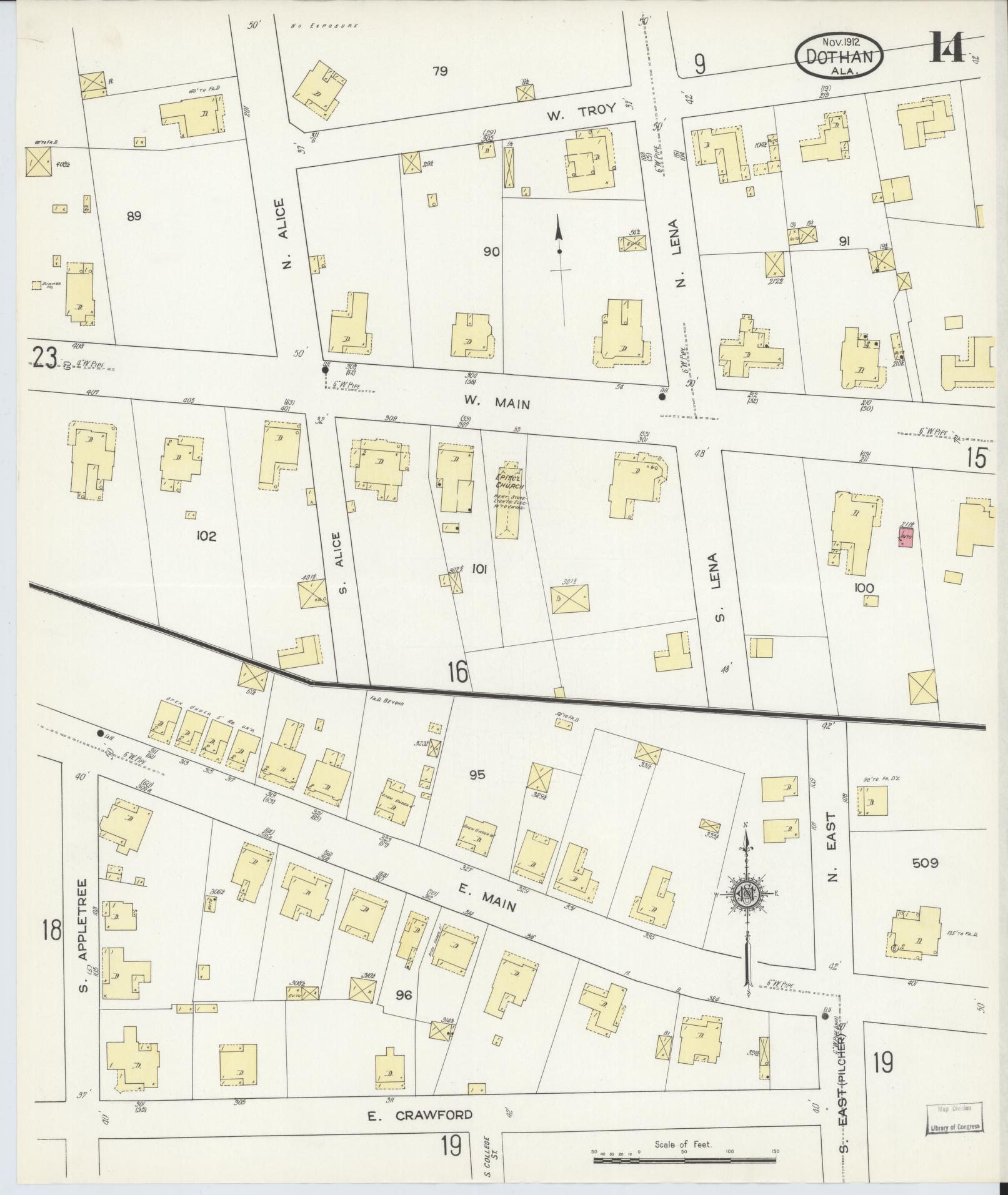 Sanborn Fire Insurance Map from Dothan, Houston County, Alabama (1912), Sheet #0014 - Complete Map Set gallery image, historic Sanborn map, vintage wall art, Alabama Alabama