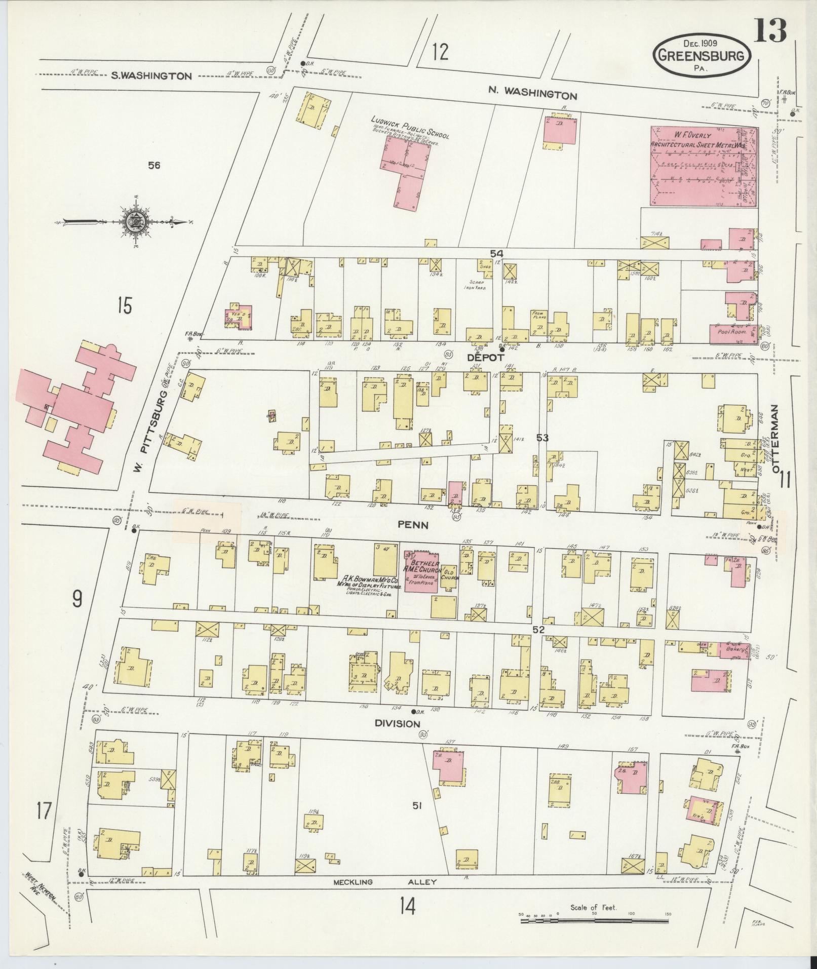 Sanborn Fire Insurance Map from Greensburg, Westmoreland County, Pennsylvania (1909), Sheet #0013 - Historic Sanborn Fire Insurance Map Print, vintage old map wall art, antique decor, genealogy gift, Pennsylvania Pennsylvania map