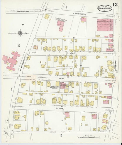 Sanborn Fire Insurance Map from Greensburg, Westmoreland County, Pennsylvania (1909), Sheet #0013 - Historic Sanborn Fire Insurance Map Print, vintage old map wall art, antique decor, genealogy gift, Pennsylvania Pennsylvania map