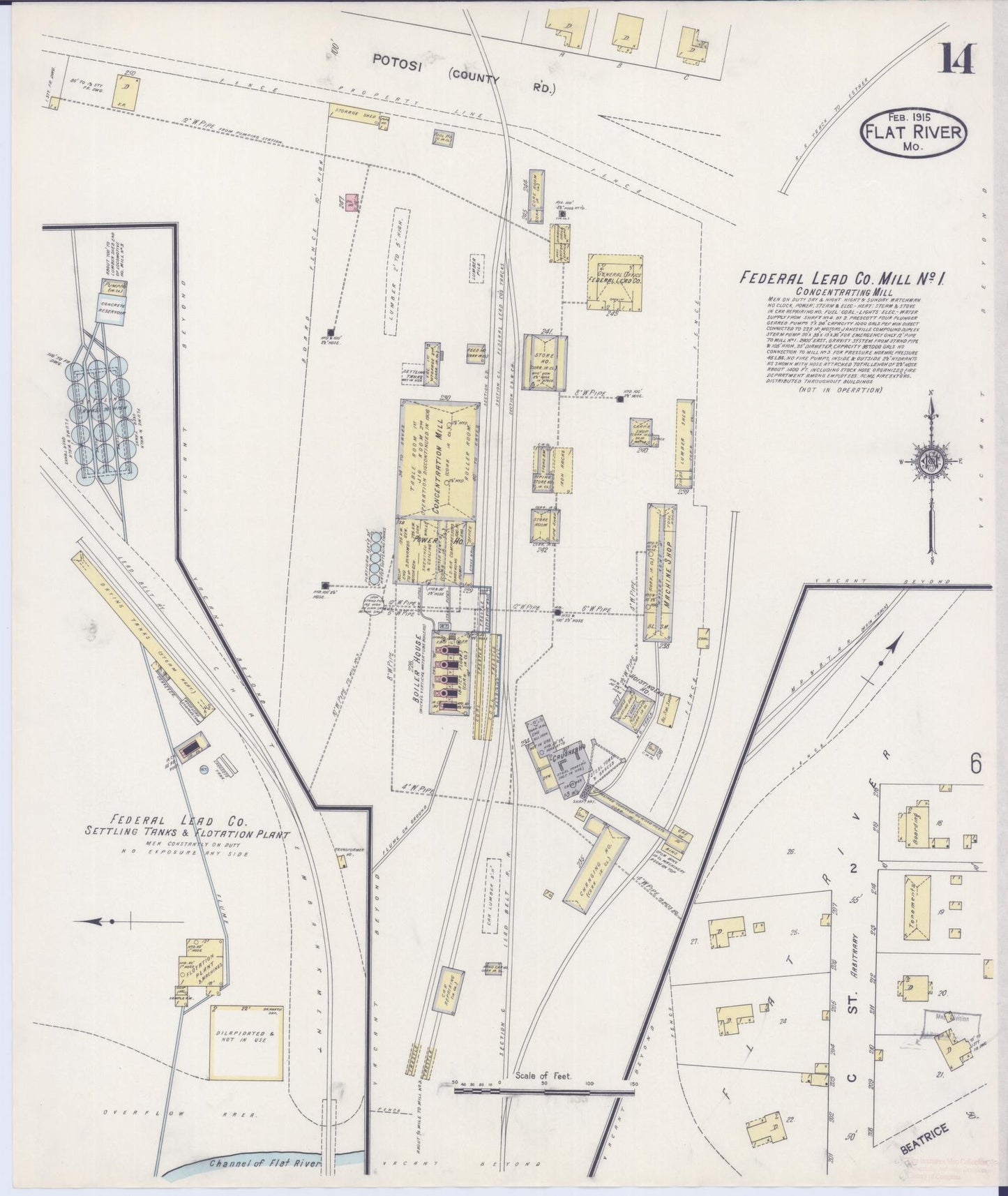 Sanborn Fire Insurance Map from Flat River, Saint Francois County, Missouri (1915), Sheet #0014 - Historic Sanborn Fire Insurance Map Print, vintage old map wall art, antique decor, genealogy gift, Missouri Missouri map