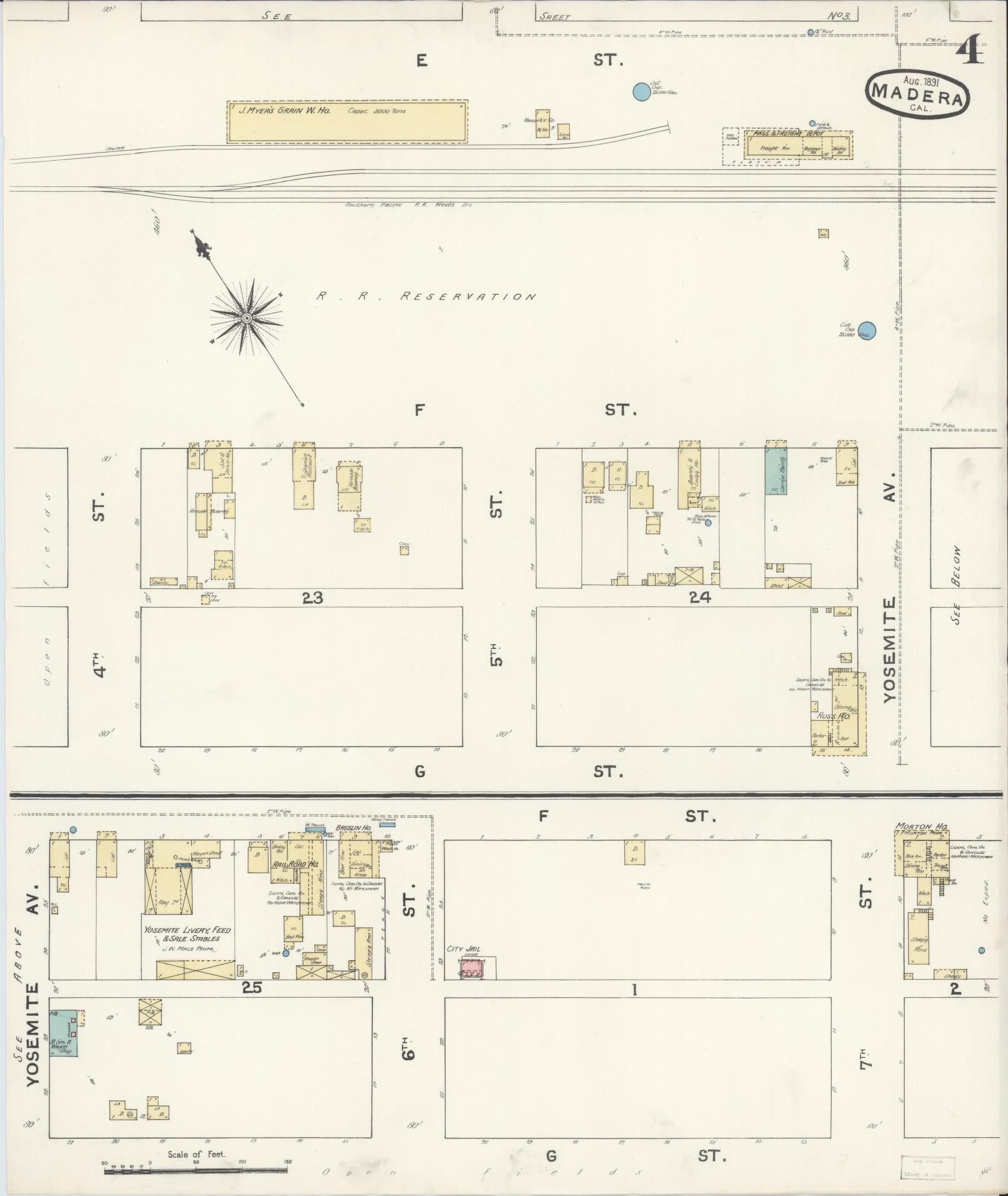 Sanborn Fire Insurance Map from Madera, Madera County, California (1891), Sheet #0004 - Historic Sanborn Fire Insurance Map Print, vintage old map wall art, antique decor, genealogy gift, California California map