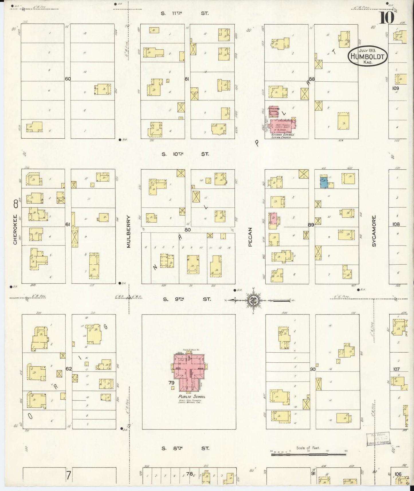 Sanborn Fire Insurance Map from Humboldt, Allen County, Kansas (1913), Sheet #0010 - Historic Sanborn Fire Insurance Map Print, vintage old map wall art, antique decor, genealogy gift, Kansas Kansas map