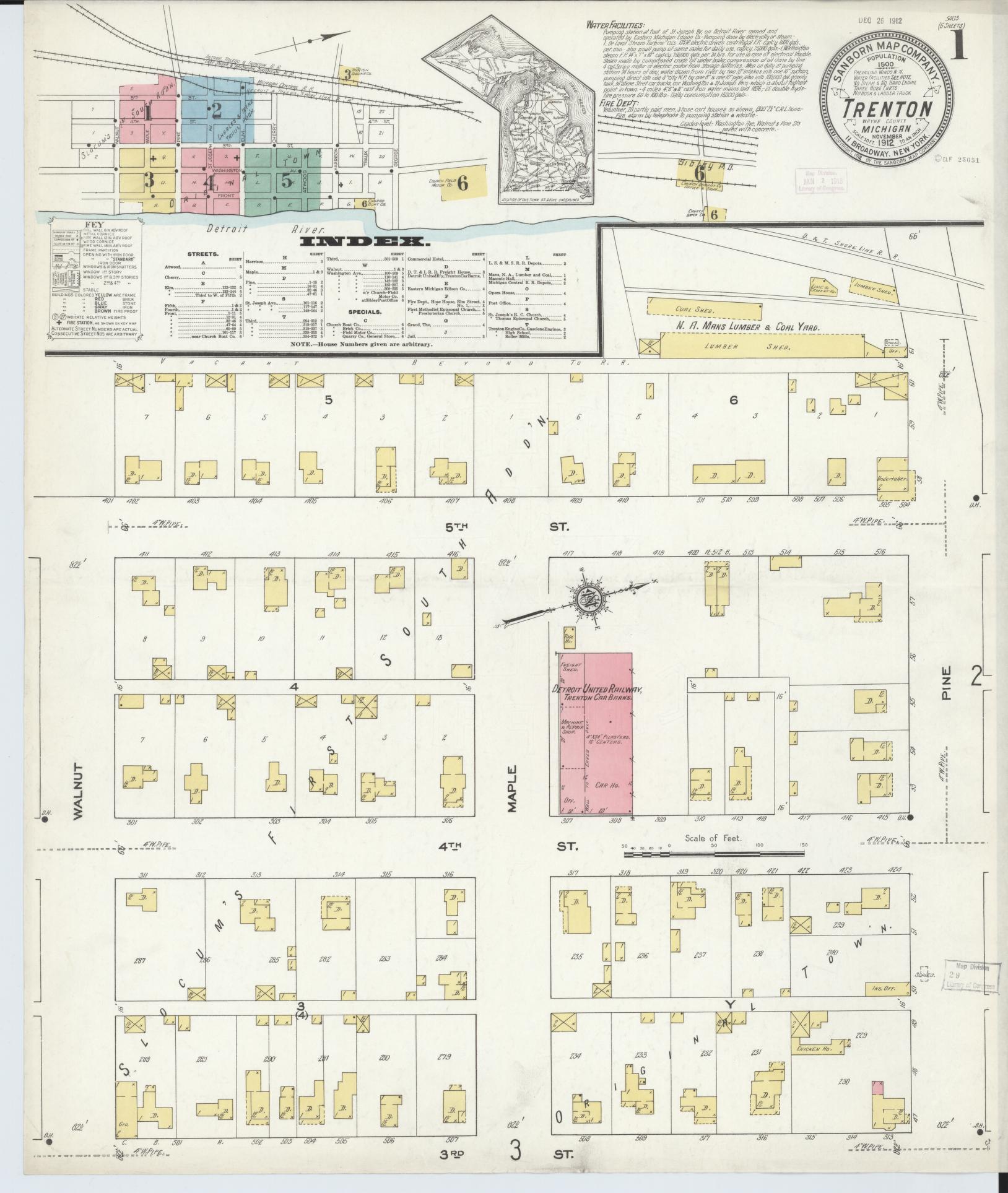 Sanborn Fire Insurance Map from Trenton, Wayne County, Michigan (1912), Sheet #0001 - Historic Sanborn Fire Insurance Map Print, vintage old map wall art, antique decor, genealogy gift, Michigan Michigan map