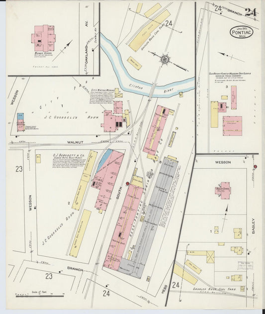 Sanborn Fire Insurance Map from Pontiac, Oakland County, Michigan (1915), Sheet #0024 - Historic Sanborn Fire Insurance Map Print, vintage old map wall art, antique decor, genealogy gift, Michigan Michigan map