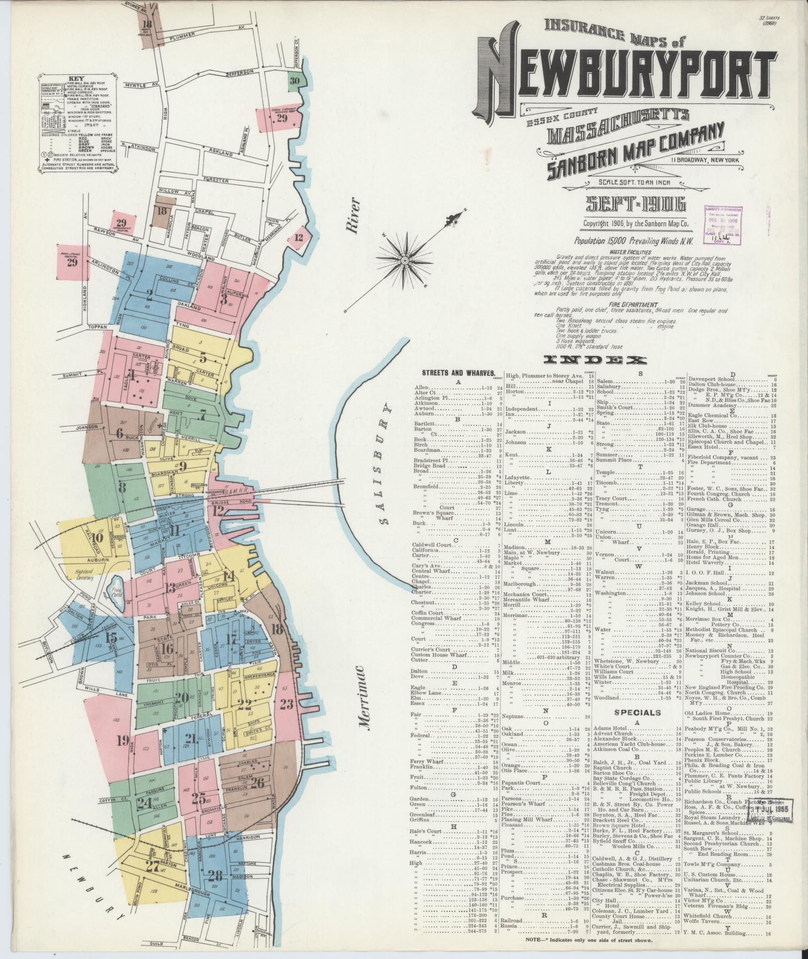 Sanborn Fire Insurance Map from Newburyport, Essex County, Massachusetts (1906), Sheet #0001 - Historic Sanborn Fire Insurance Map Print, vintage old map wall art, antique decor, genealogy gift, Massachusetts Massachusetts map