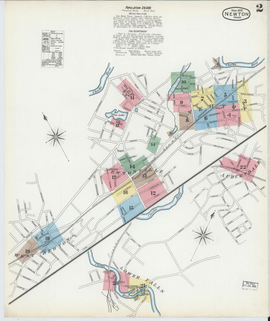 Sanborn Fire Insurance Map from Newton, Middlesex County, Massachusetts (1892), Sheet #0002 - Historic Sanborn Fire Insurance Map Print, vintage old map wall art, antique decor, genealogy gift, Massachusetts Massachusetts map