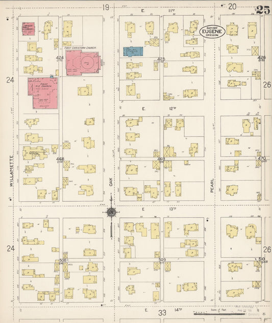 Sanborn Fire Insurance Map from Eugene, Lane County, Oregon (1912), Sheet #0025 - Historic Sanborn Fire Insurance Map Print, vintage old map wall art, antique decor, genealogy gift, Oregon Oregon map
