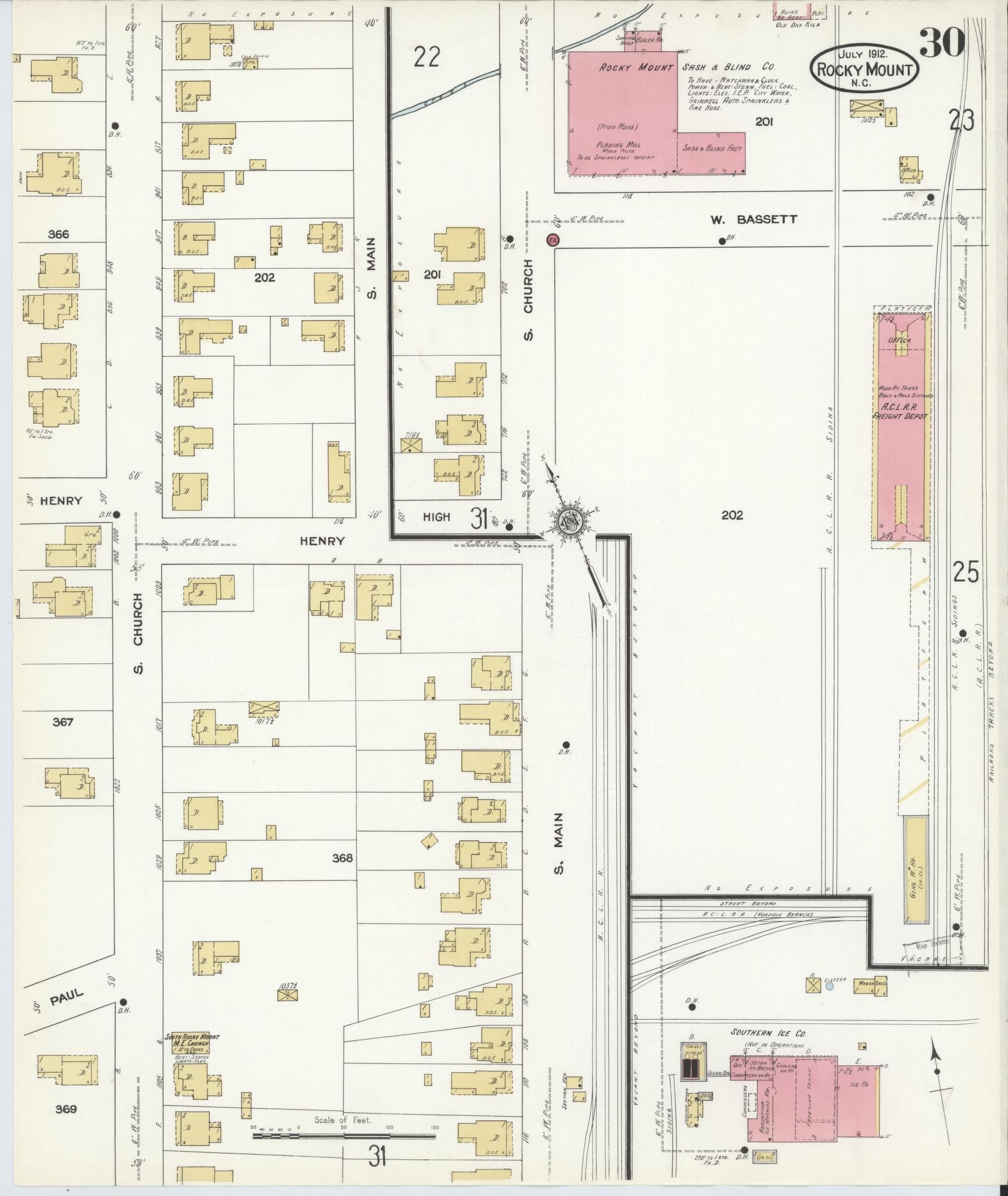 Sanborn Fire Insurance Map from Rocky Mount, Edgecombe And Nash Counties, North Carolina (1912), Sheet #0030 - Complete Map Set gallery image, historic Sanborn map, vintage wall art, North Carolina North Carolina