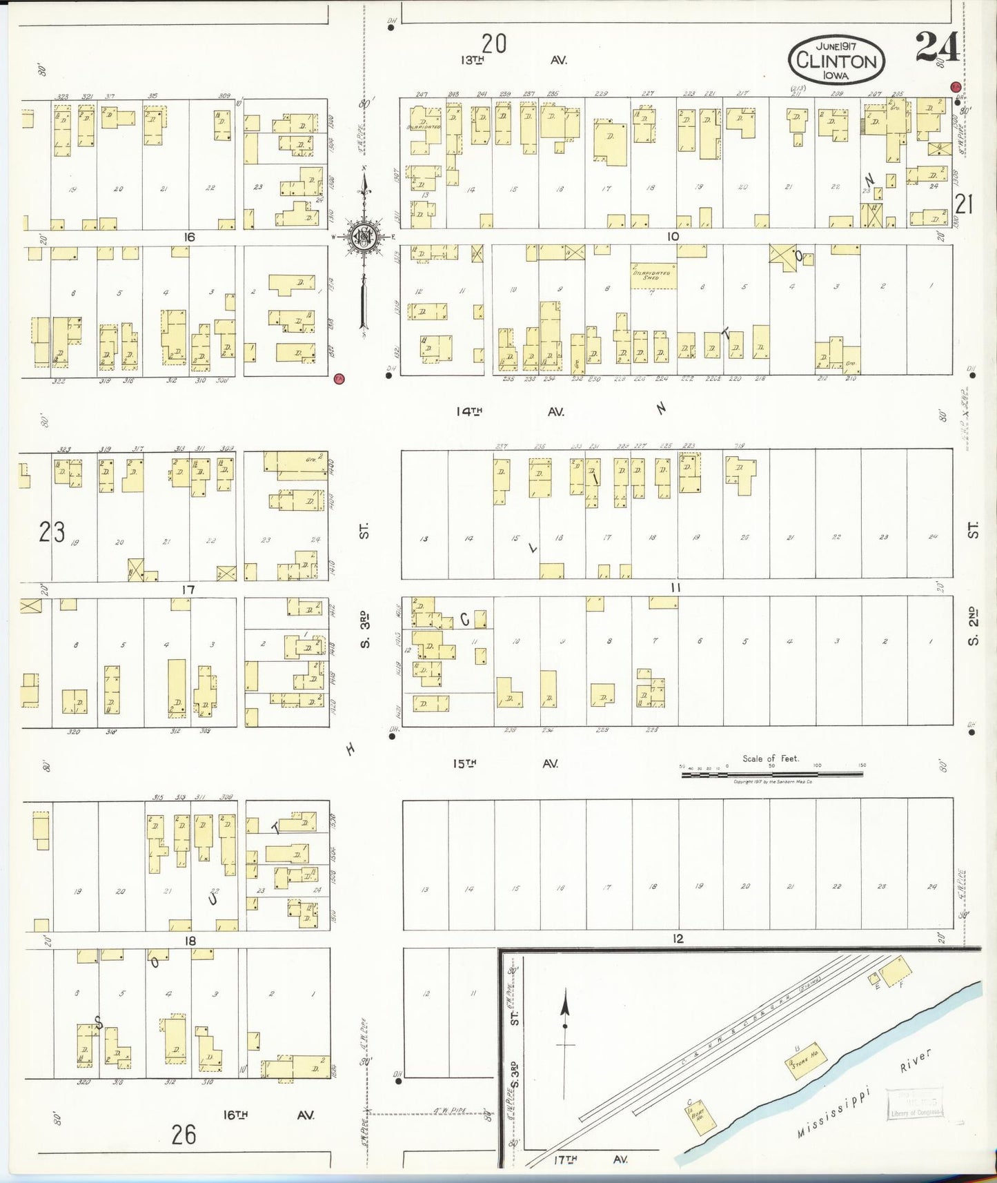 Sanborn Fire Insurance Map from Clinton, Clinton County, Iowa (1917), Sheet #0024 - Historic Sanborn Fire Insurance Map Print, vintage old map wall art